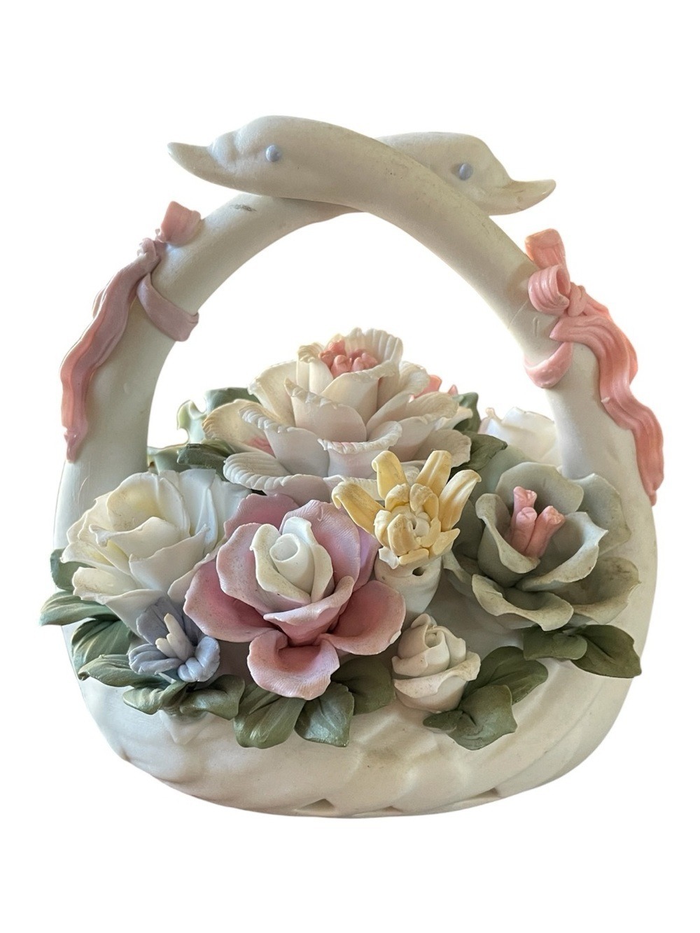 Bothering Capodimonte Style Porcelain Flower Basket Figurine Swan Handles Pastel